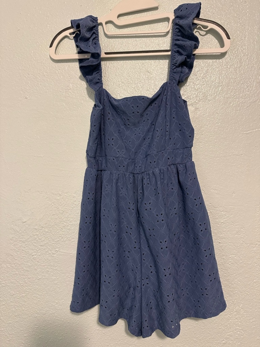 Girls Navy Eyelet Ruffle Strap Dress